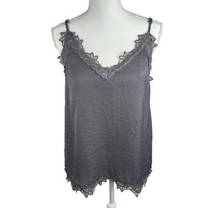 Y2K VTG Cami Top Sz M Gray‎ Lace Trim Adjustable Strap Fairy Grunge Whimsigoth